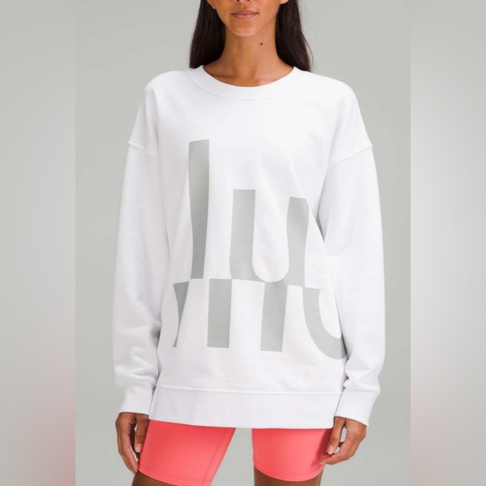 Lululemon Perfectly Oversized Crew Pullover‎ Sweatshirt Word-markWhite/Gray sz14